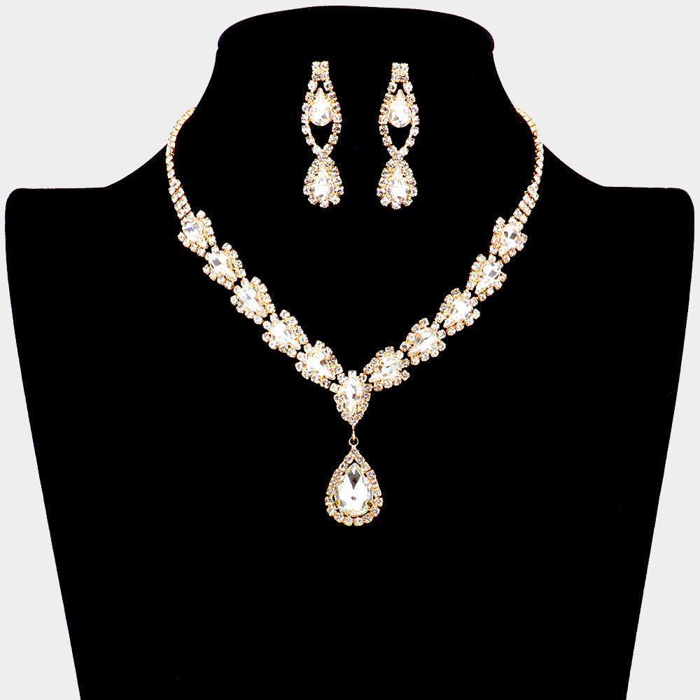 Gold Teardrop Stone Accented Rhinestone Necklace - Jewelry Store by Erik Rayo