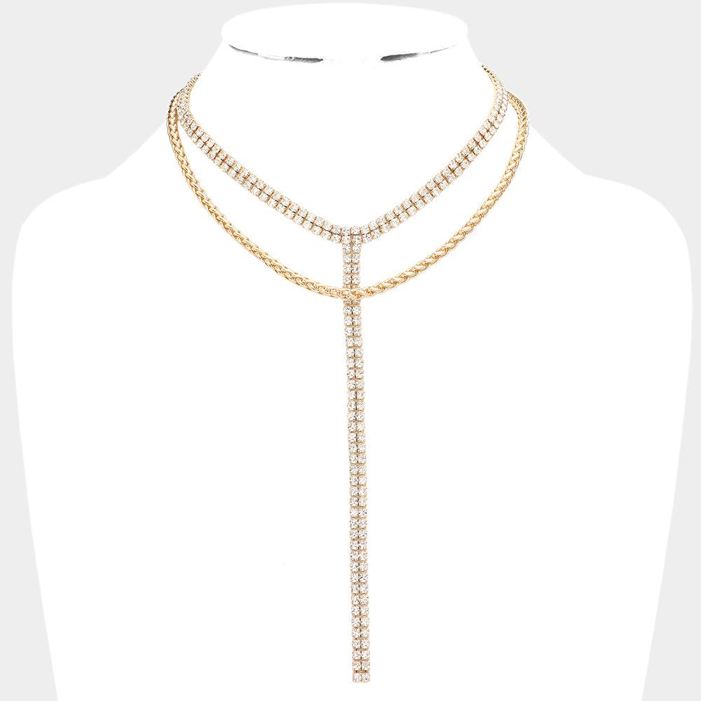 Gold Gold Dipped Rhinestone Y Necklace