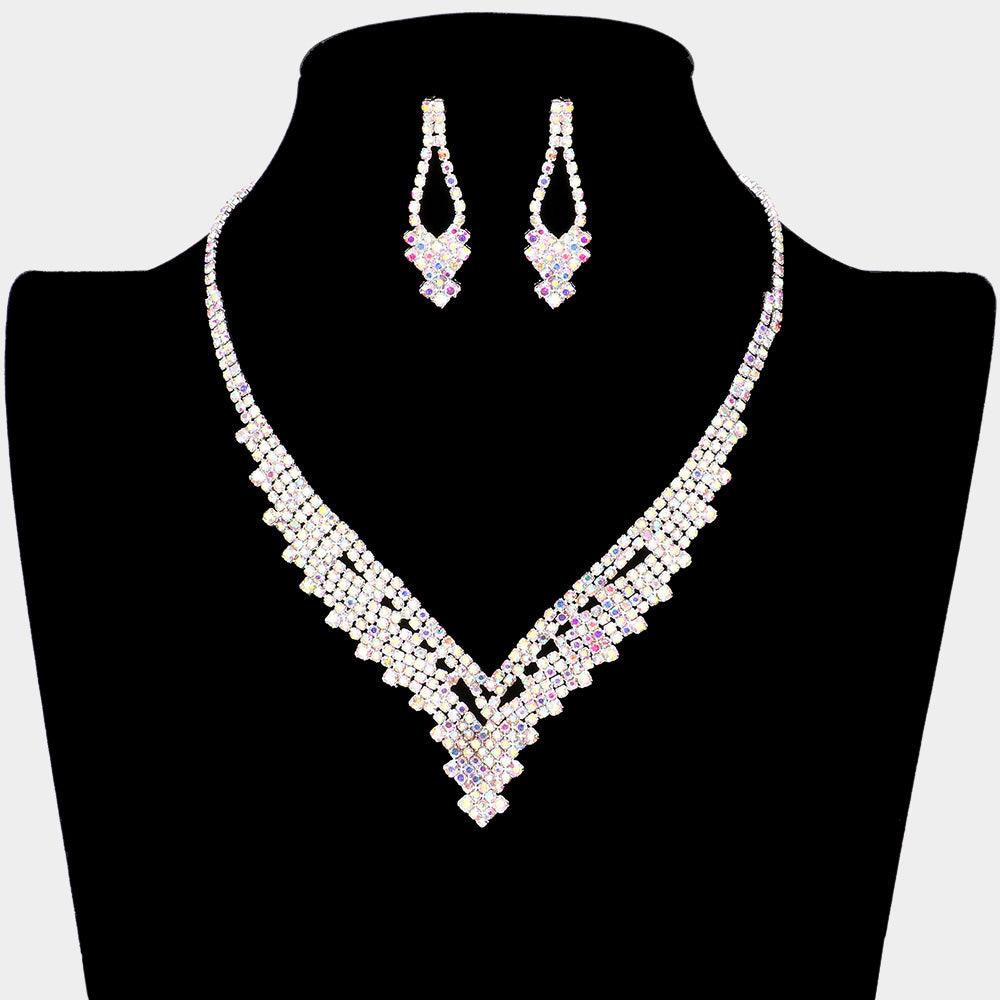 Silver Necklace Set Rhinestone Paved