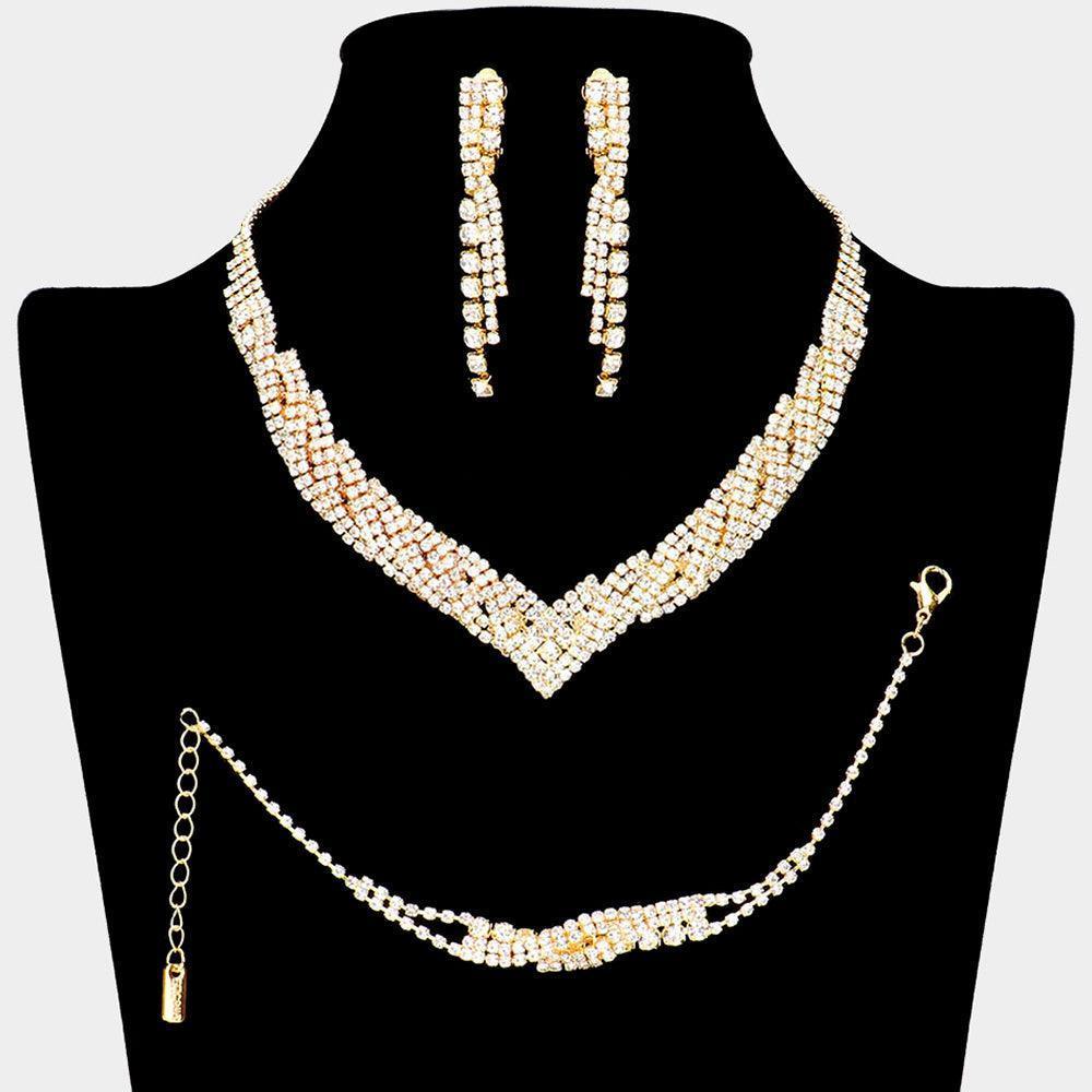 Gold 3 Piece Necklace Clip On Earring Jewelry Set Rhinestone Paved - Jewelry Store by Erik Rayo