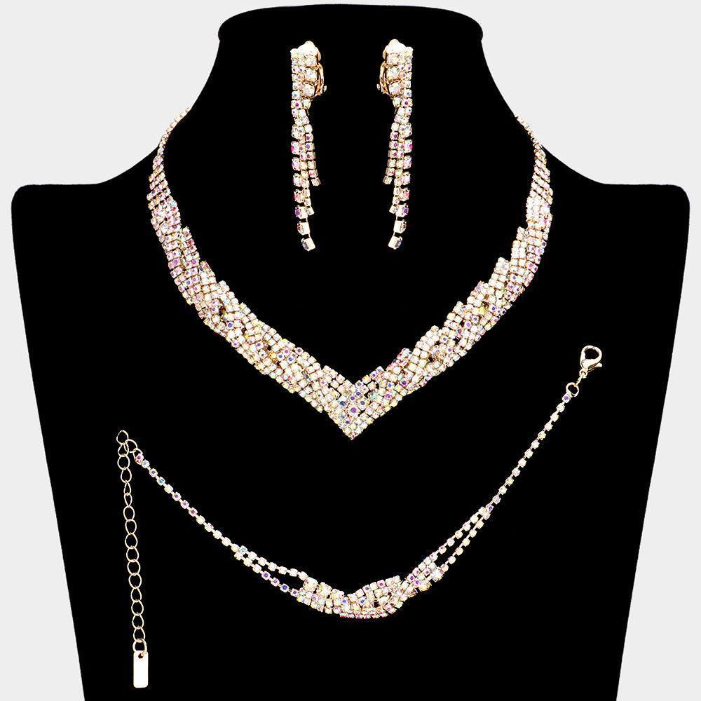 Gold 3 Piece Necklace Clip On Earring Jewelry Set Rhinestone Paved - Jewelry Store by Erik Rayo