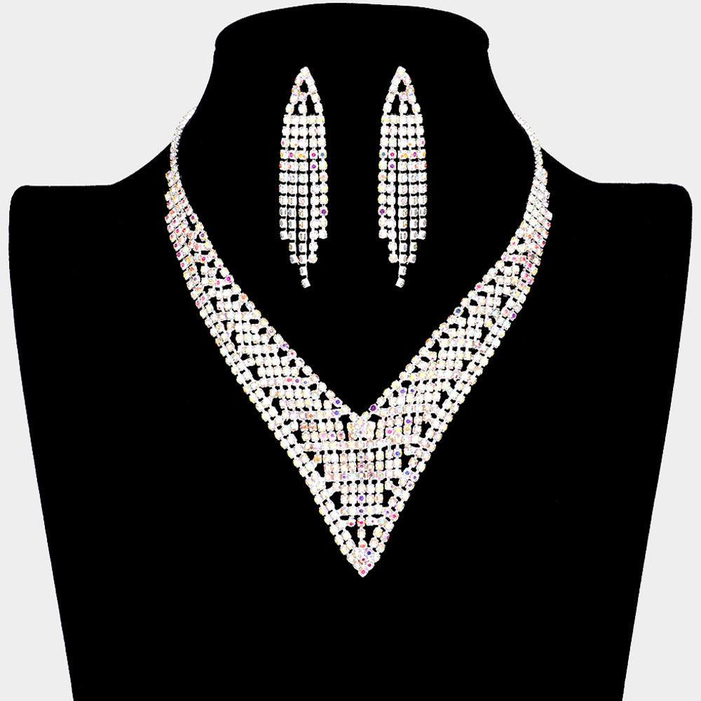 Silver V-Shape Collar Necklace Rhinestone Paved