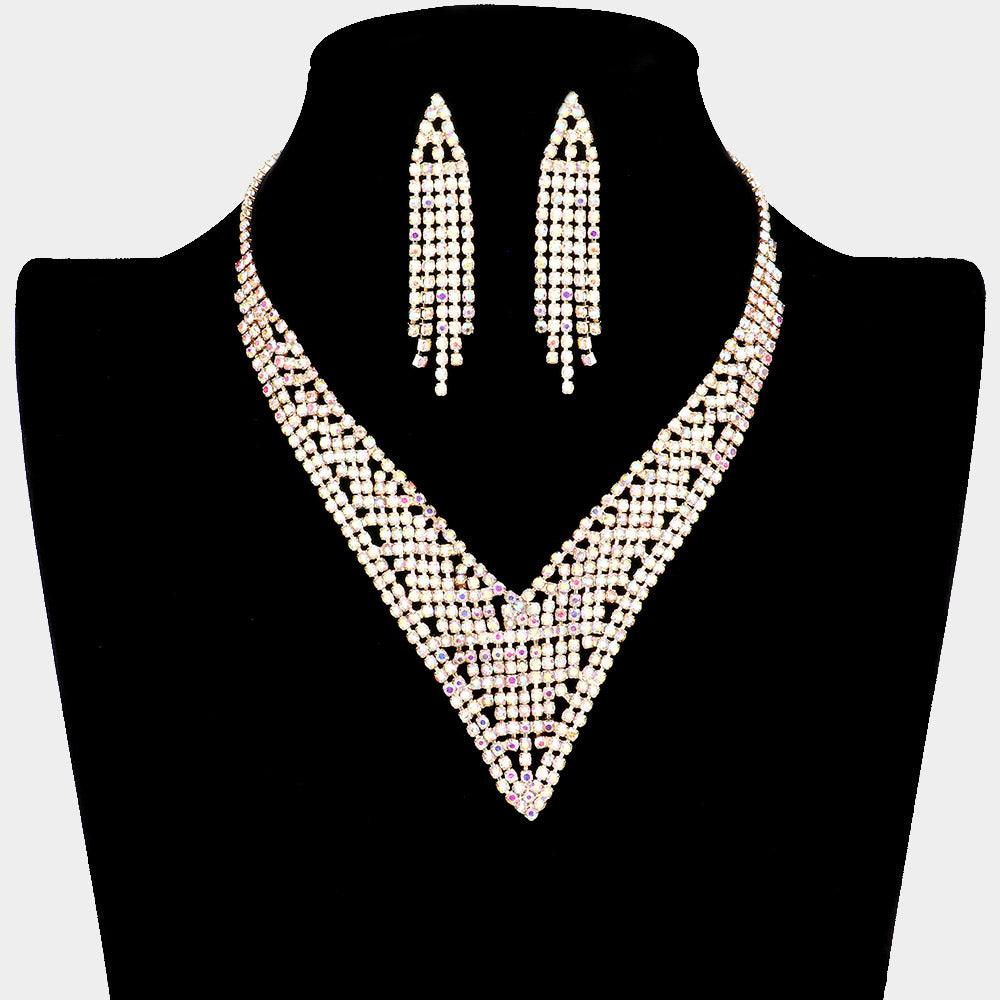 Gold V-Shape Collar Necklace Rhinestone Paved