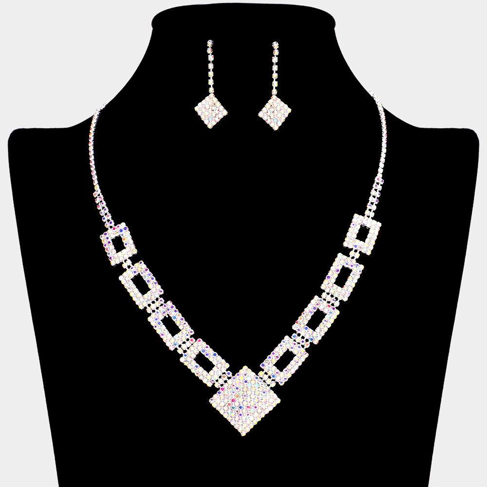 Square Open Rectangle Necklace Rhinestone Paved