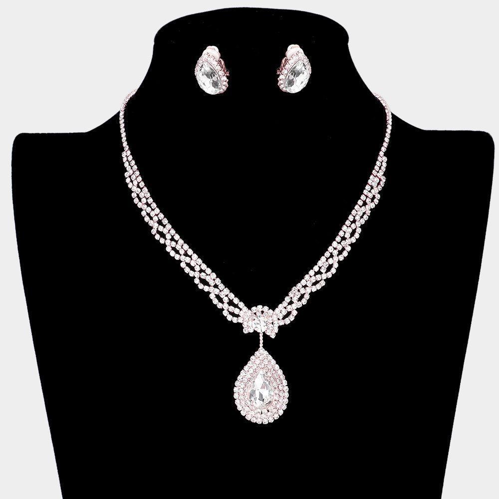 Rose Gold Teardrop Stone Pendant Necklace Clip on Earring Set Rhinestone Paved - Jewelry Store by Erik Rayo