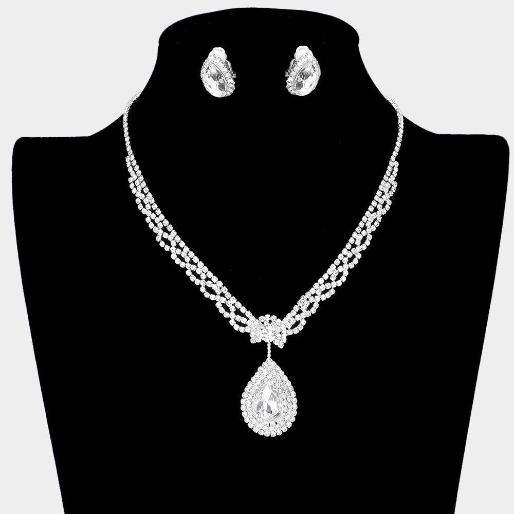 Silver Teardrop Stone Pendant Necklace Clip on Earring Set Rhinestone Paved