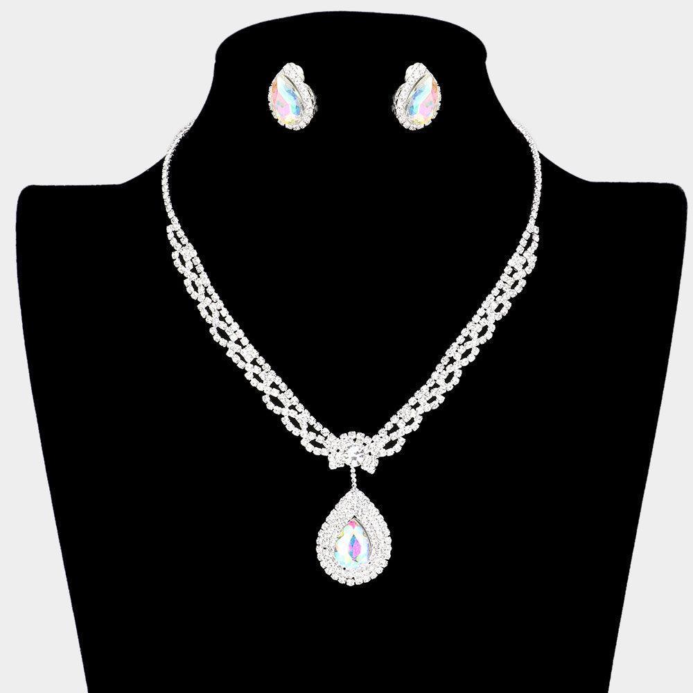 Silver Teardrop Stone Pendant Necklace Clip on Earring Set Rhinestone Paved - Jewelry Store by Erik Rayo