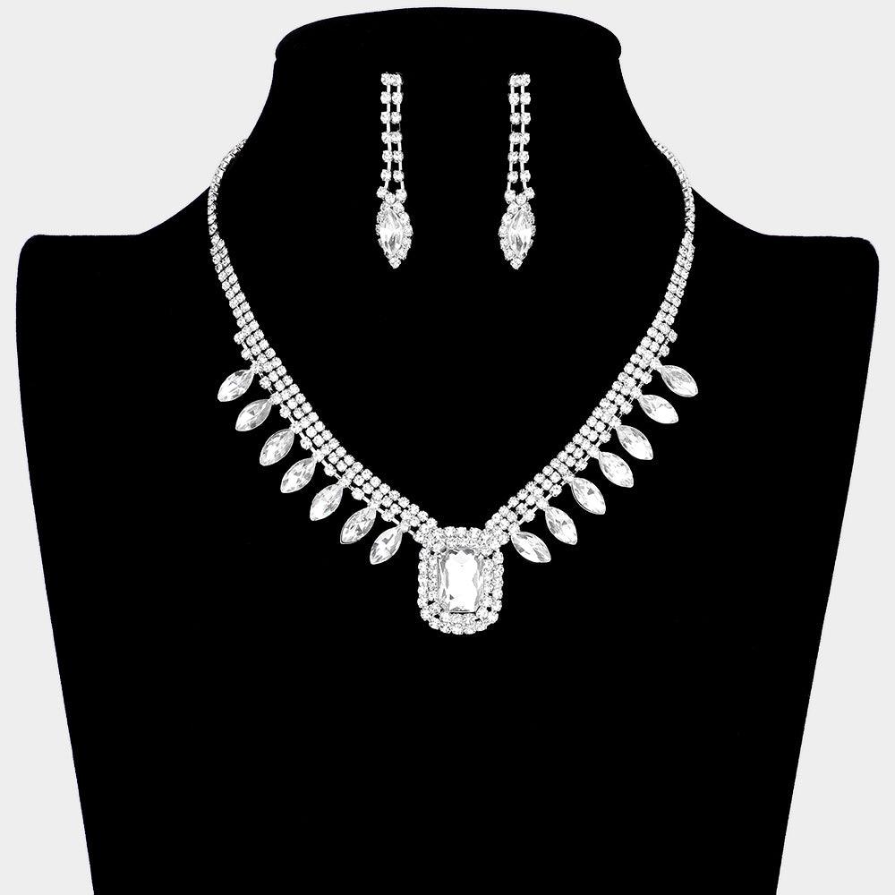 Silver Emerald Cut Stone Centered Rhinestone Necklace