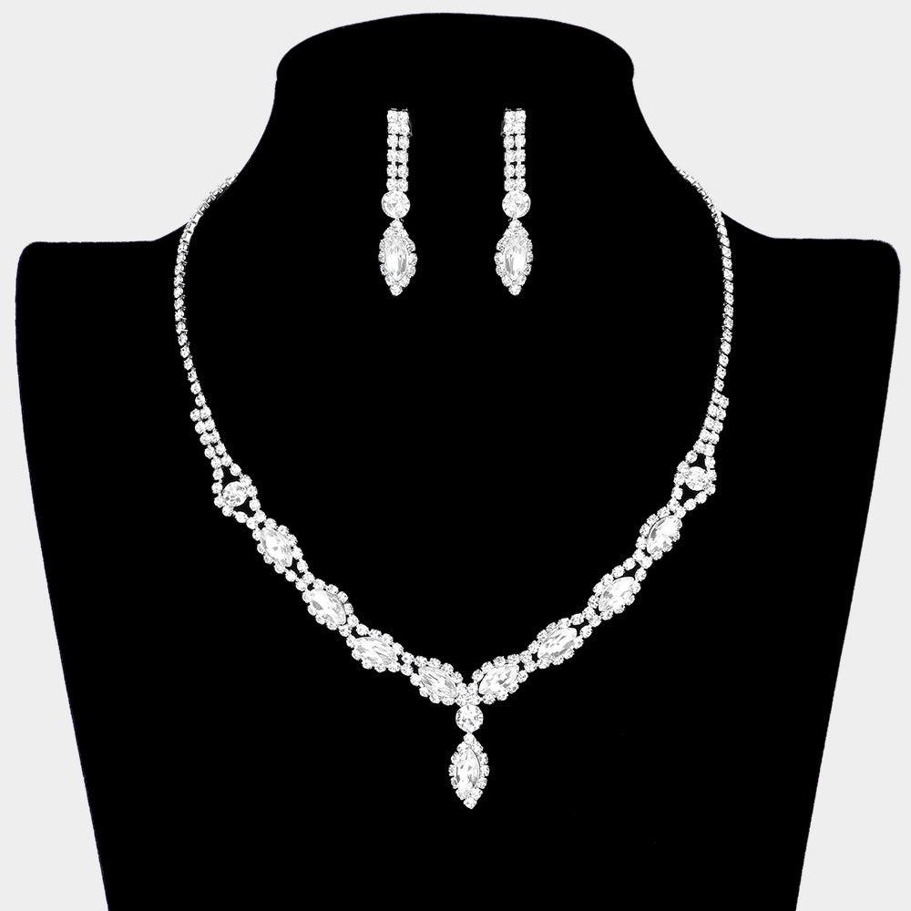 Silver Teardrop Stone Accented Rhinestone Necklace