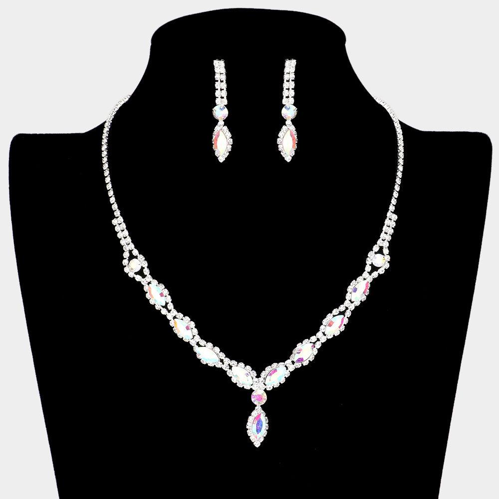 Silver Teardrop Stone Accented Rhinestone Necklace