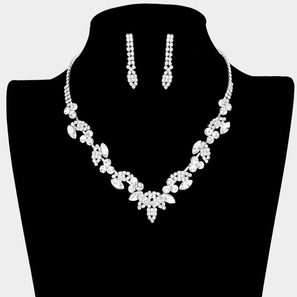 Silver Round Marquise Stone Embellished Necklace Rhinestone Paved