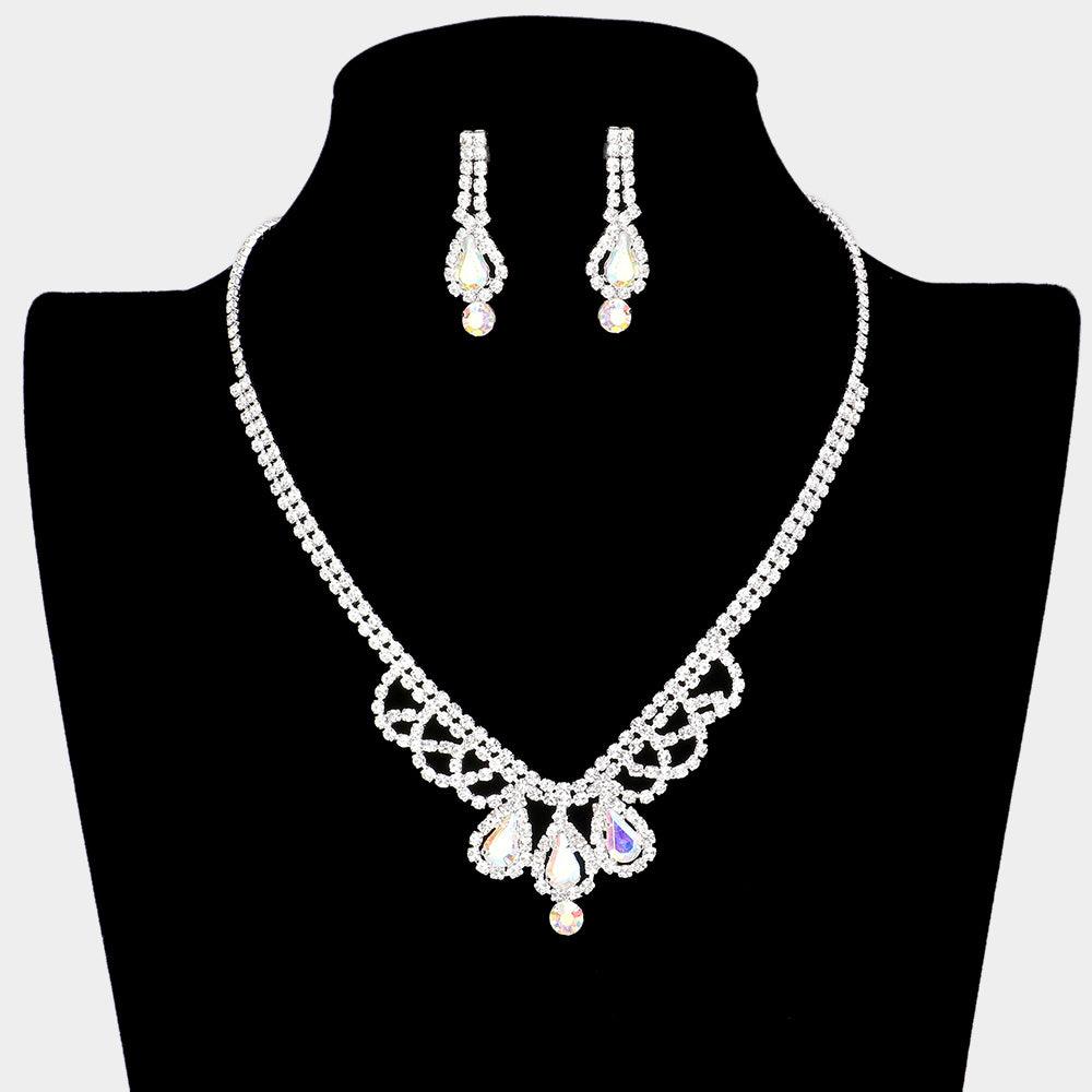 Silver Teardrop Stone Necklace Rhinestone Paved