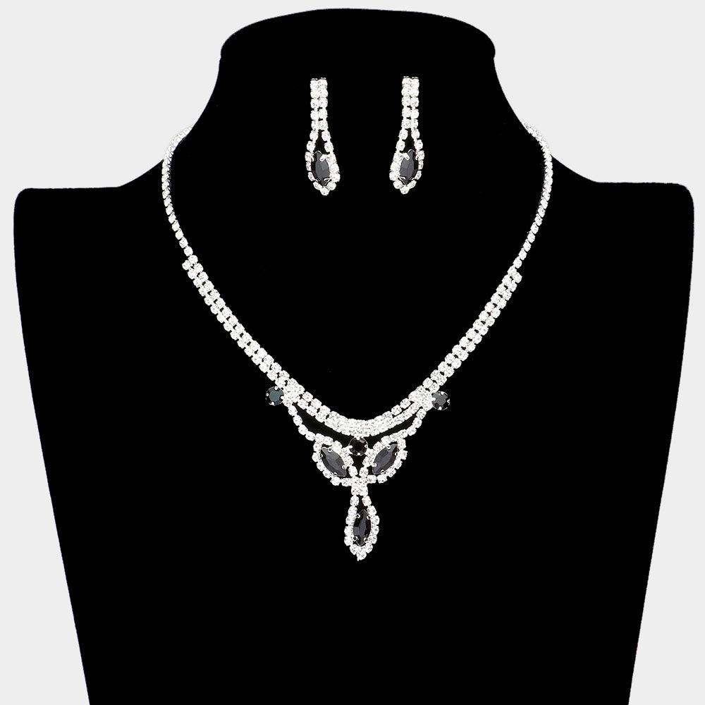 Silver Marquise Stone Necklace Rhinestone Paved