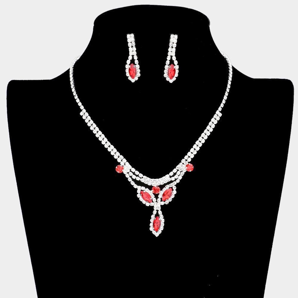 Silver Marquise Stone Necklace Rhinestone Paved