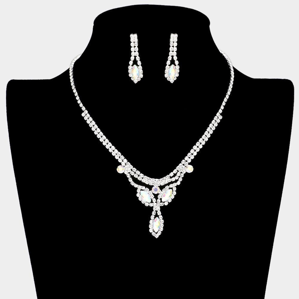 Silver Marquise Stone Necklace Rhinestone Paved