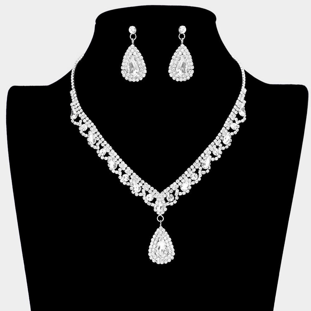 Silver Teardrop Stone Accented Rhinestone Necklace