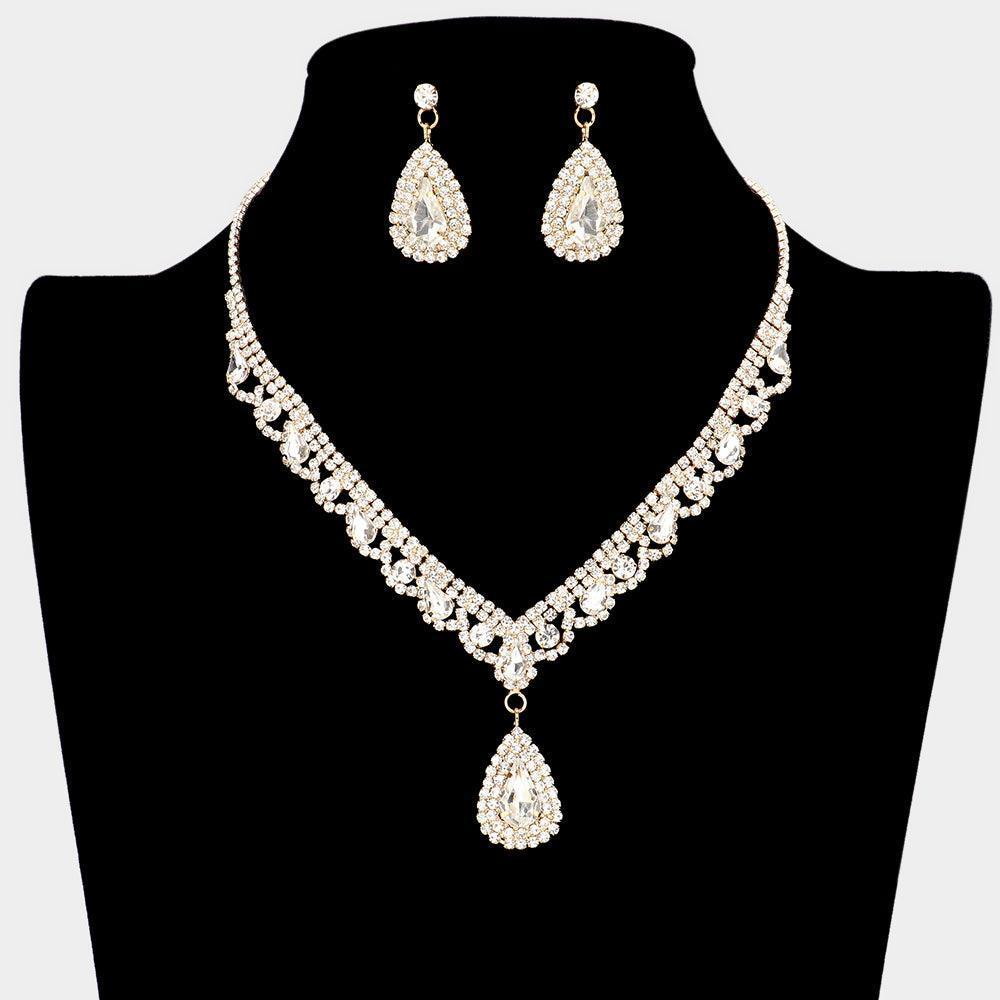 Gold Teardrop Stone Accented Rhinestone Necklace - Jewelry Store by Erik Rayo