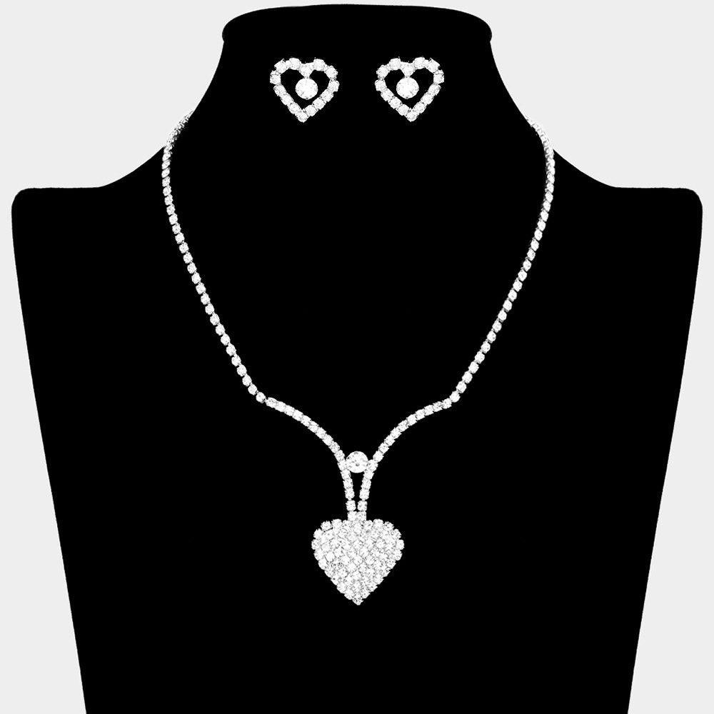 Silver Heart Necklace Rhinestone Paved