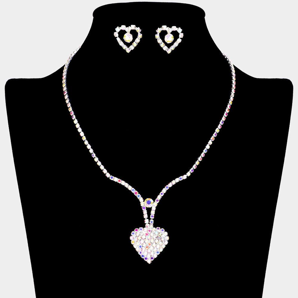 Silver Heart Necklace Rhinestone Paved