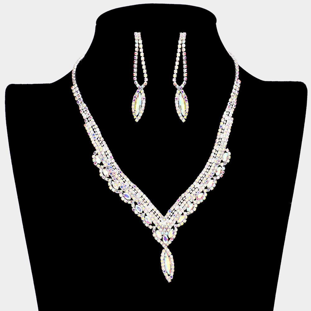 Silver Marquise Stone Accented Rhinestone Necklace