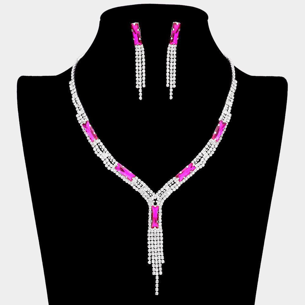 Silver Rectangle Stone Accented Rhinestone Fringe Tip Necklaces - Jewelry Store by Erik Rayo