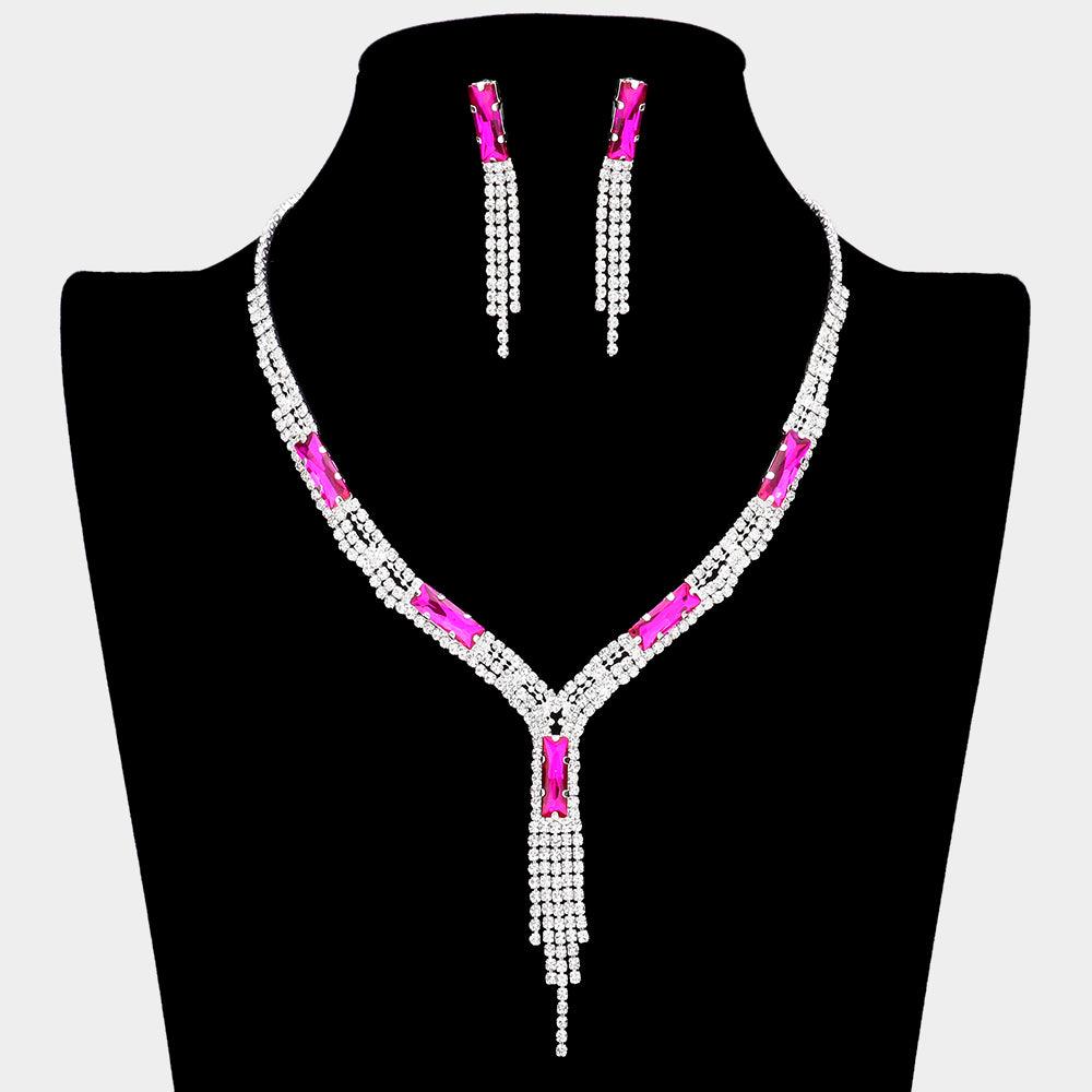 Silver Rectangle Stone Accented Rhinestone Fringe Tip Necklaces