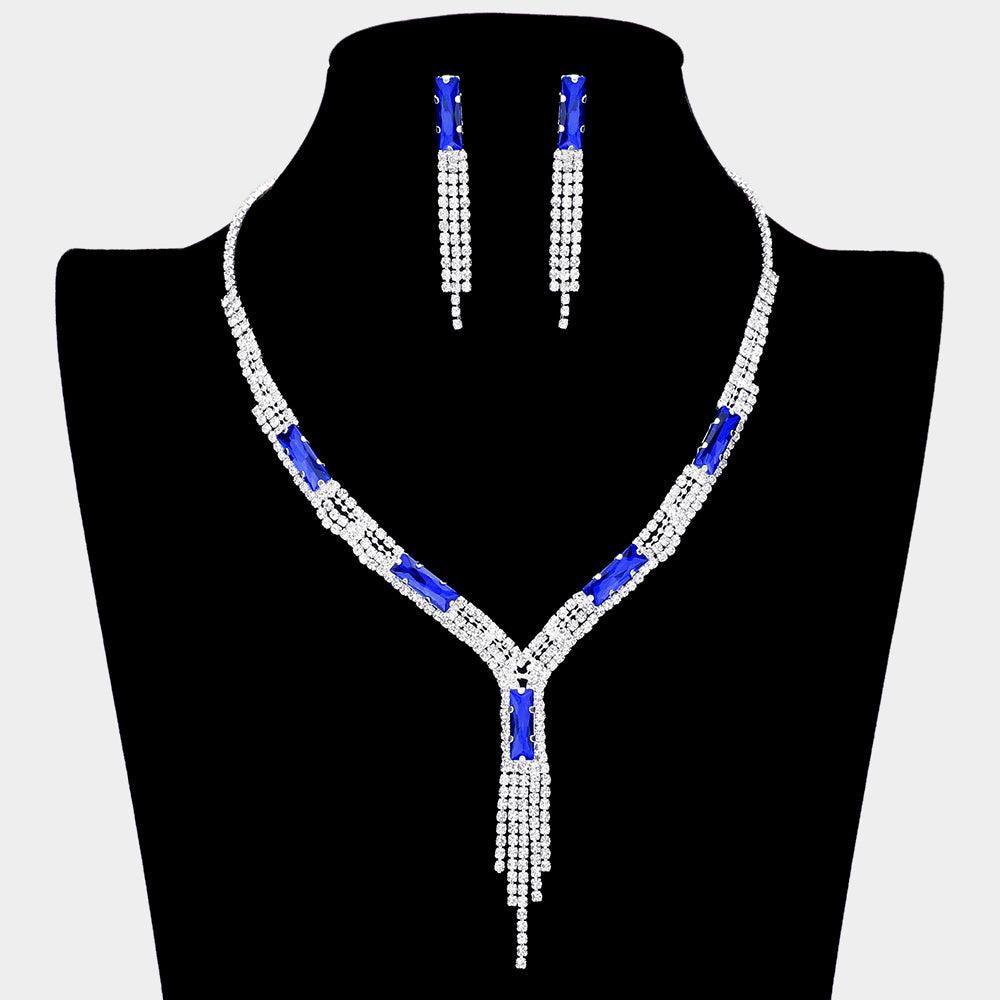 Silver Rectangle Stone Accented Rhinestone Fringe Tip Necklaces