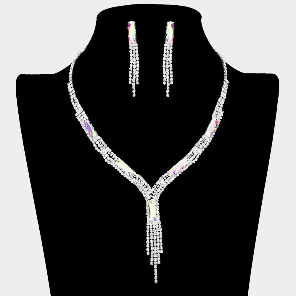 Silver Rectangle Stone Accented Rhinestone Fringe Tip Necklaces