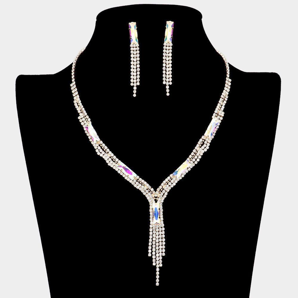 Gold Rectangle Stone Accented Rhinestone Fringe Tip Necklaces - Jewelry Store by Erik Rayo
