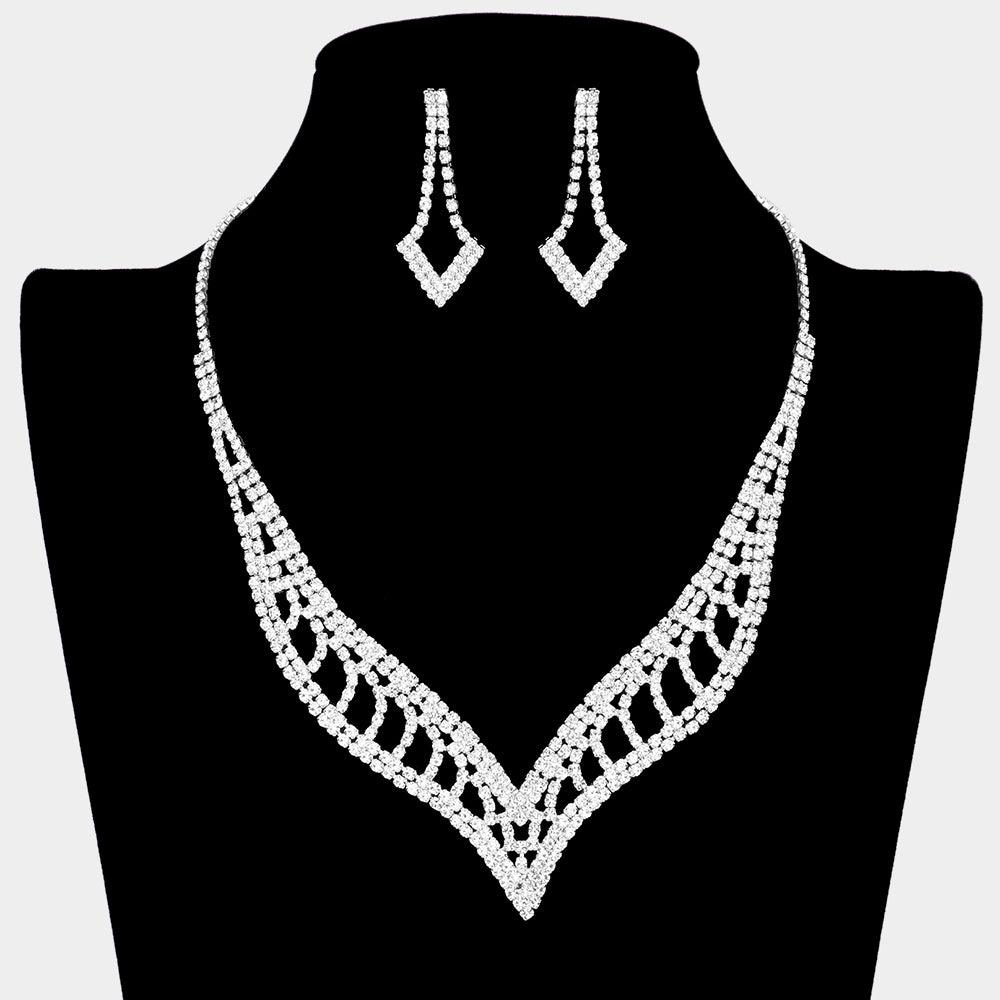 Silver V Shaped Necklace Rhinestone Paved