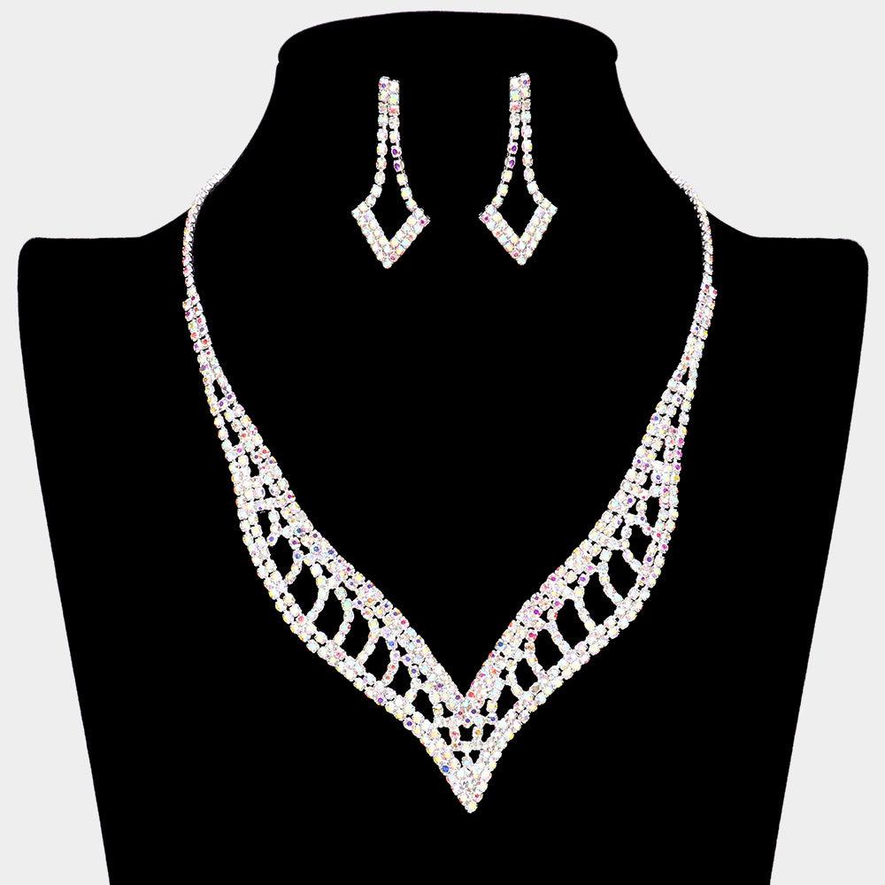 Silver V Shaped Necklace Rhinestone Paved