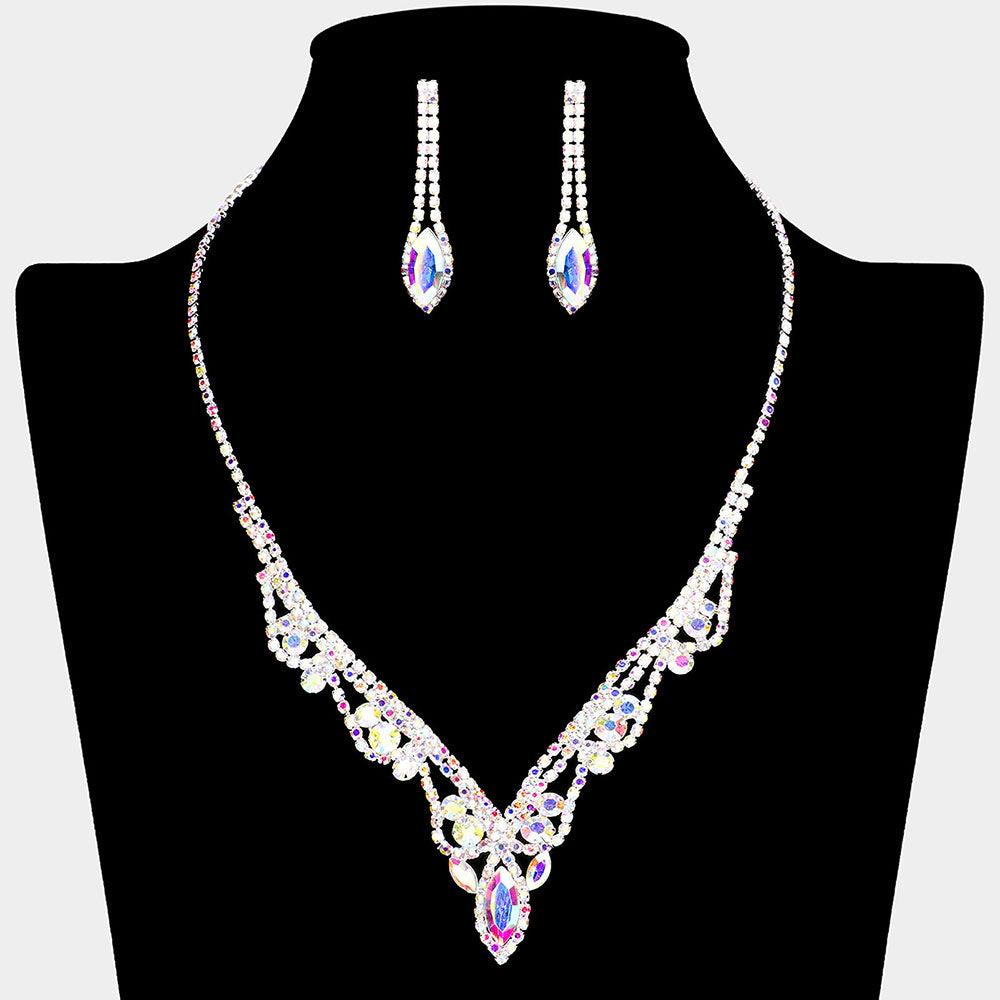 Silver Marquise Stone Pointed Necklace Rhinestone Paved