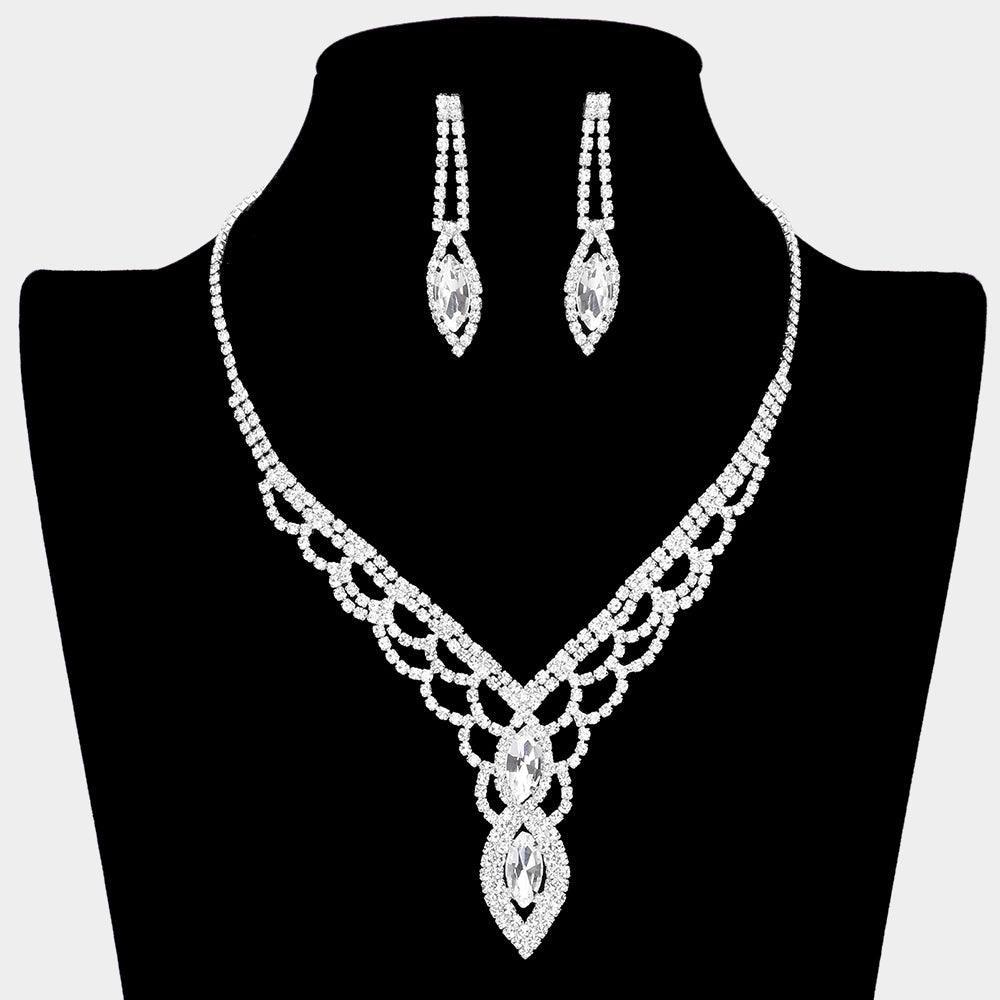 Silver Marquise Stone Accented Rhinestone Necklace