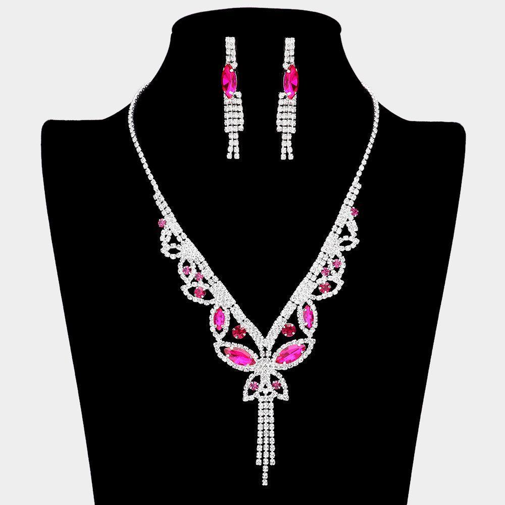 Silver Marquise Round Stone Butterfly Rhinestone Necklace - Jewelry Store by Erik Rayo