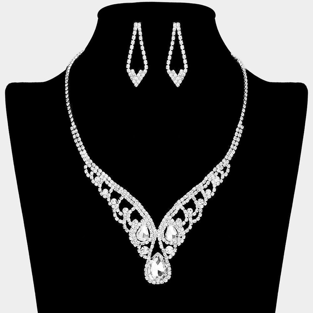 Silver Teardrop Stone V Shape Necklace Rhinestone Paved - Jewelry Store by Erik Rayo