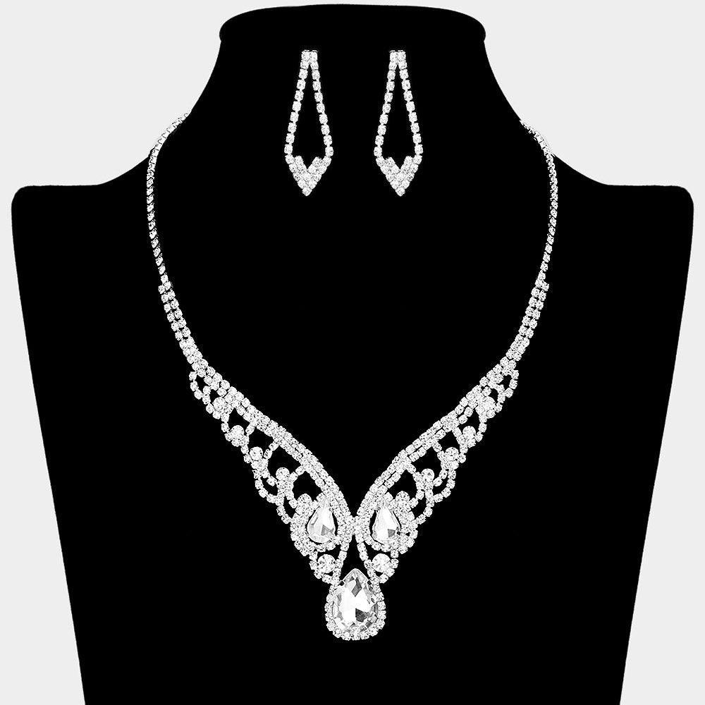 Silver Teardrop Stone V Shape Necklace Rhinestone Paved