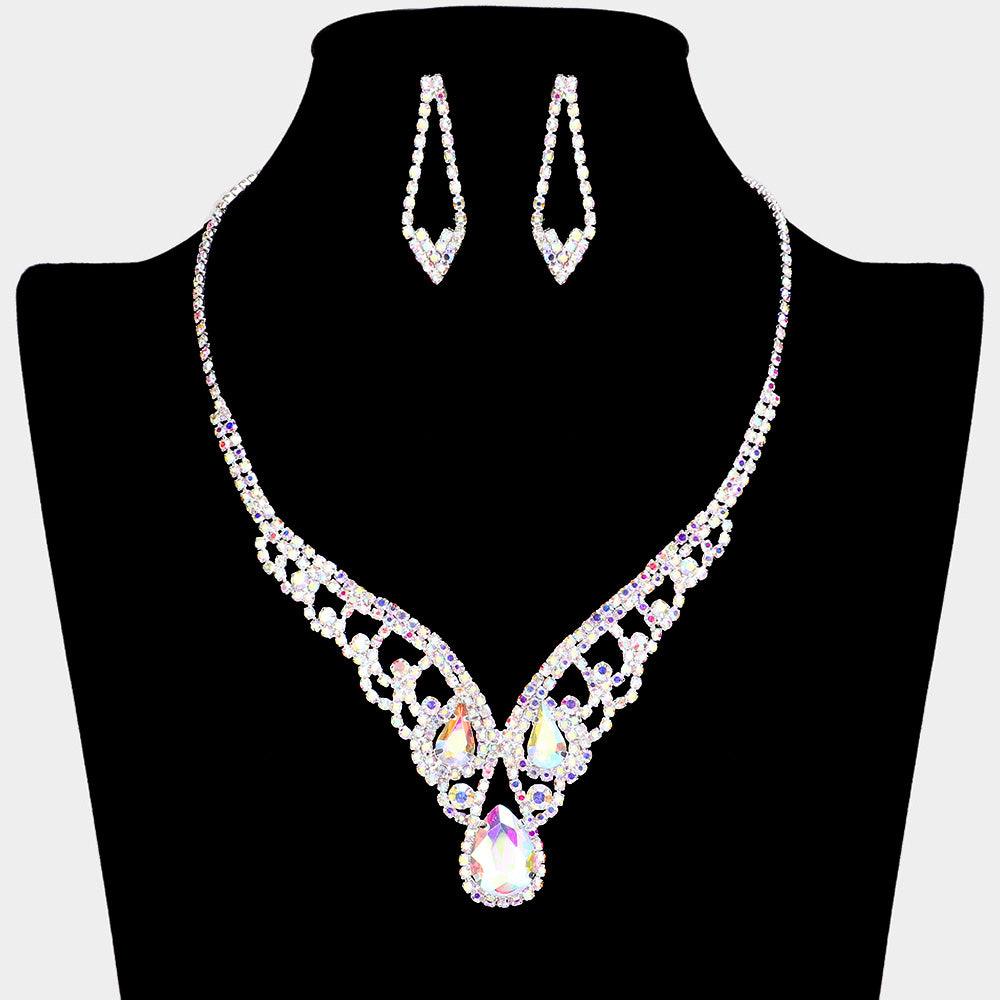 Silver Teardrop Stone V Shape Necklace Rhinestone Paved