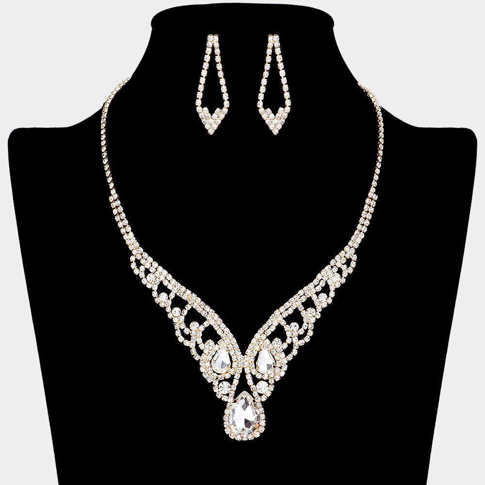 Gold Teardrop Stone V Shape Necklace Rhinestone Paved - Jewelry Store by Erik Rayo