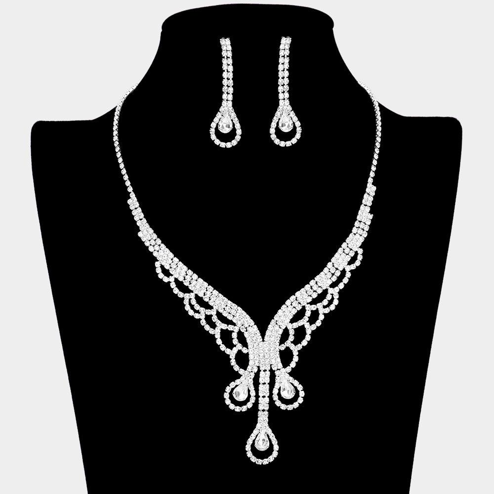 Silver Teardrop Stone Accented Rhinestone Necklace