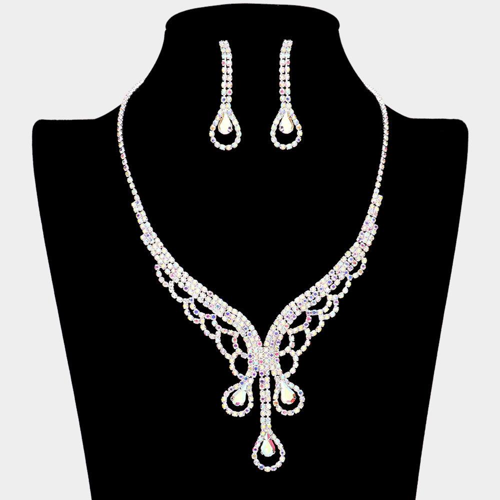 Silver Teardrop Stone Accented Rhinestone Necklace