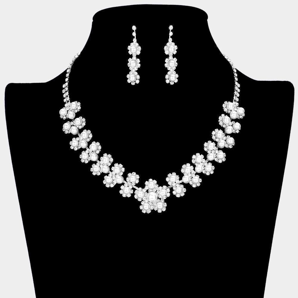 White Pearl Embellished Flower Accented Rhinestone Necklace - Jewelry Store by Erik Rayo