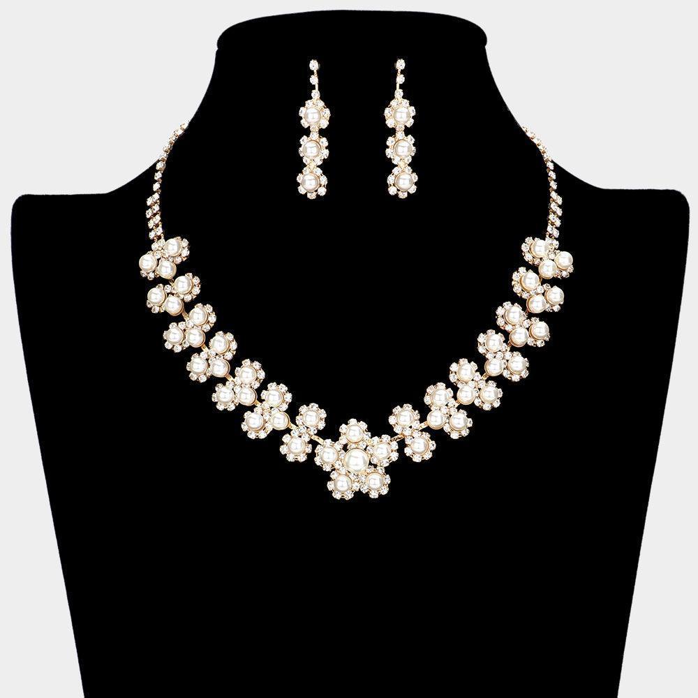 Cream Pearl Embellished Flower Accented Rhinestone Necklace - Jewelry Store by Erik Rayo