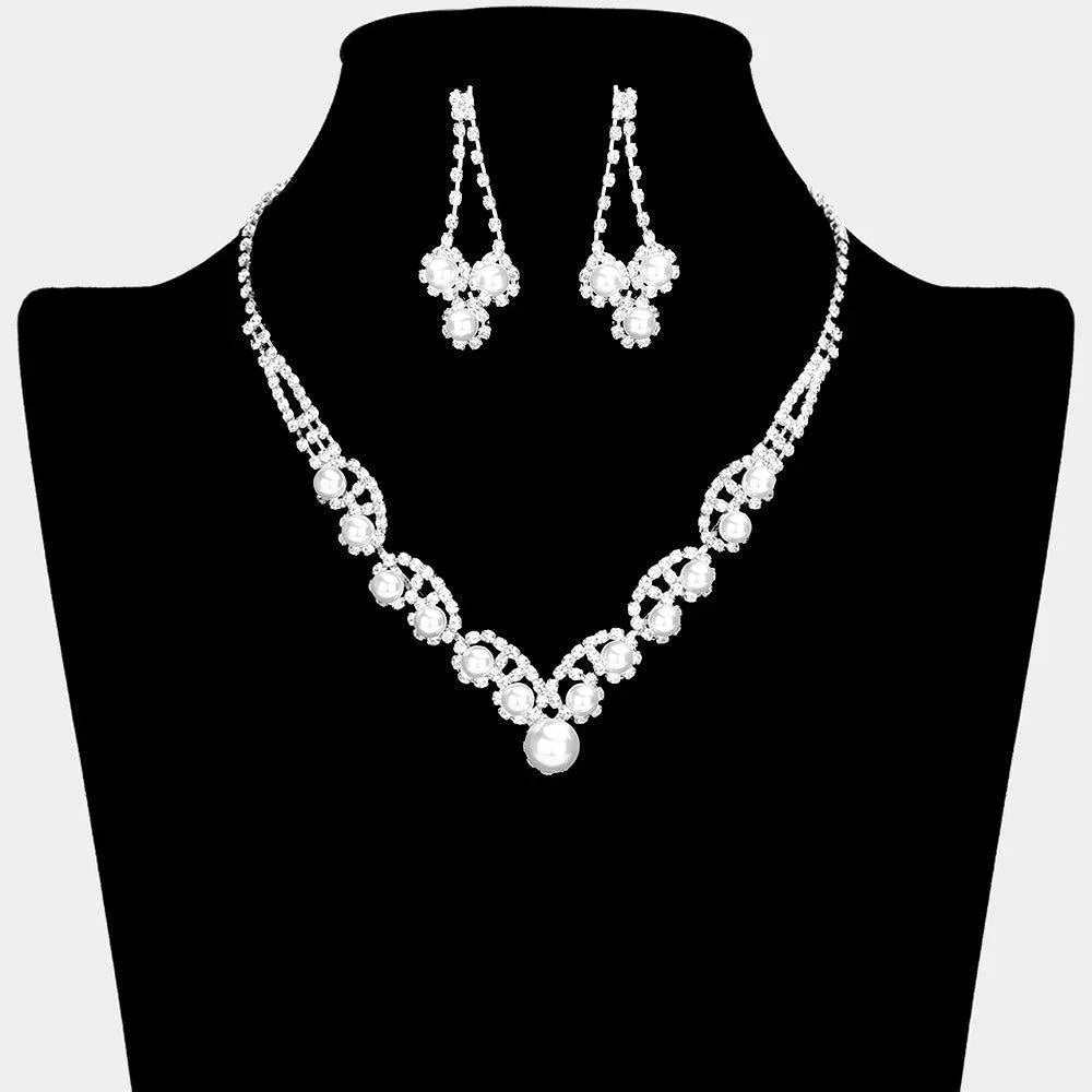 White Round Pearl Pointed V Shaped Rhinestone Necklace - Jewelry Store by Erik Rayo