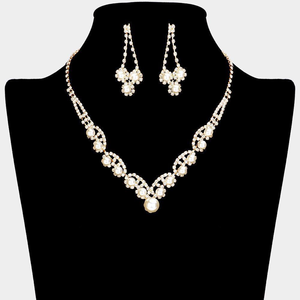 Cream Round Pearl Pointed V Shaped Rhinestone Necklace - Jewelry Store by Erik Rayo