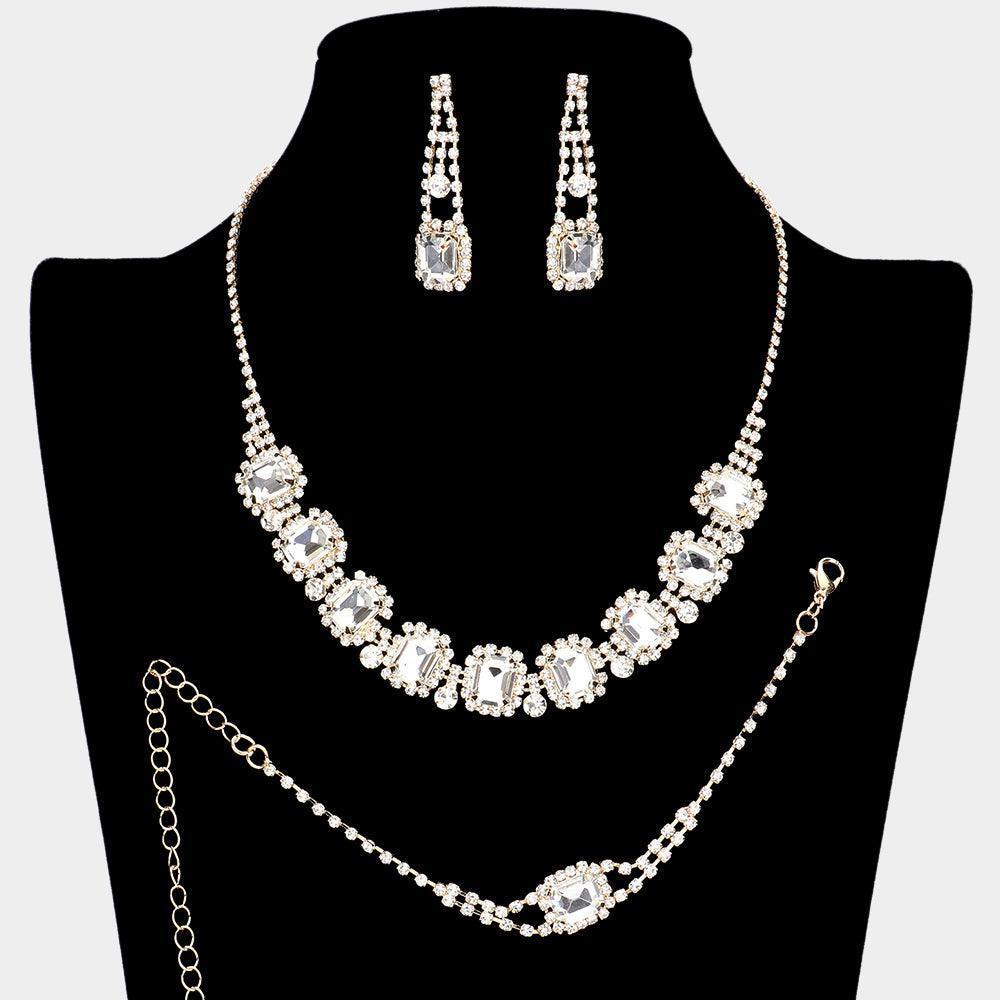 Gold 3 Piece Emerald Cut Stone Accented Rhinestone Necklace Jewelry Set - Jewelry Store by Erik Rayo