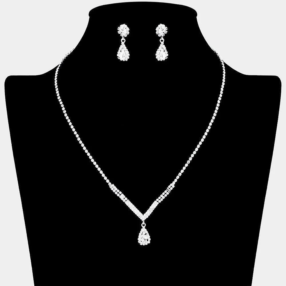 Clear Teardrop Stone Pointed Pendant Necklace Rhinestone Paved