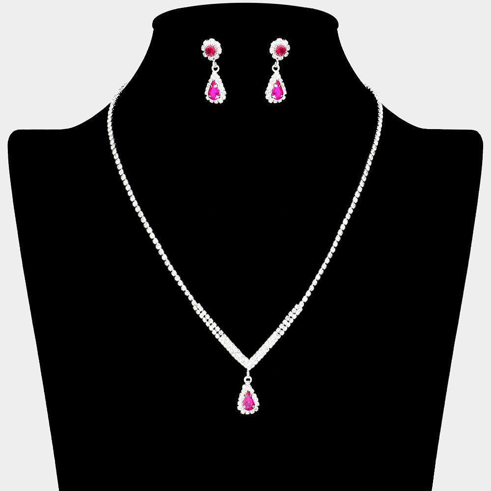 Red Teardrop Stone Pointed Pendant Necklace Rhinestone Paved