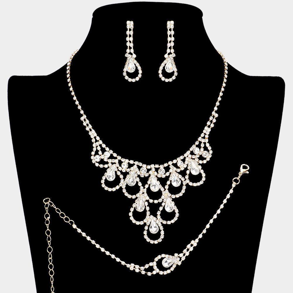 Gold 3 Piece Teardrop Stone Accented Rhinestone Necklace Jewelry Set - Jewelry Store by Erik Rayo