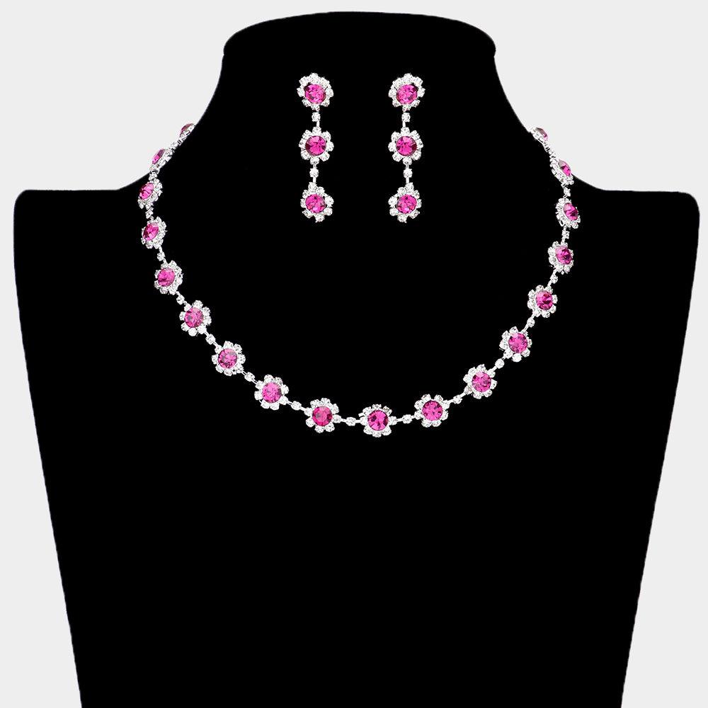 Fuchsia Floral Crystal Rhinestone Collar Necklace