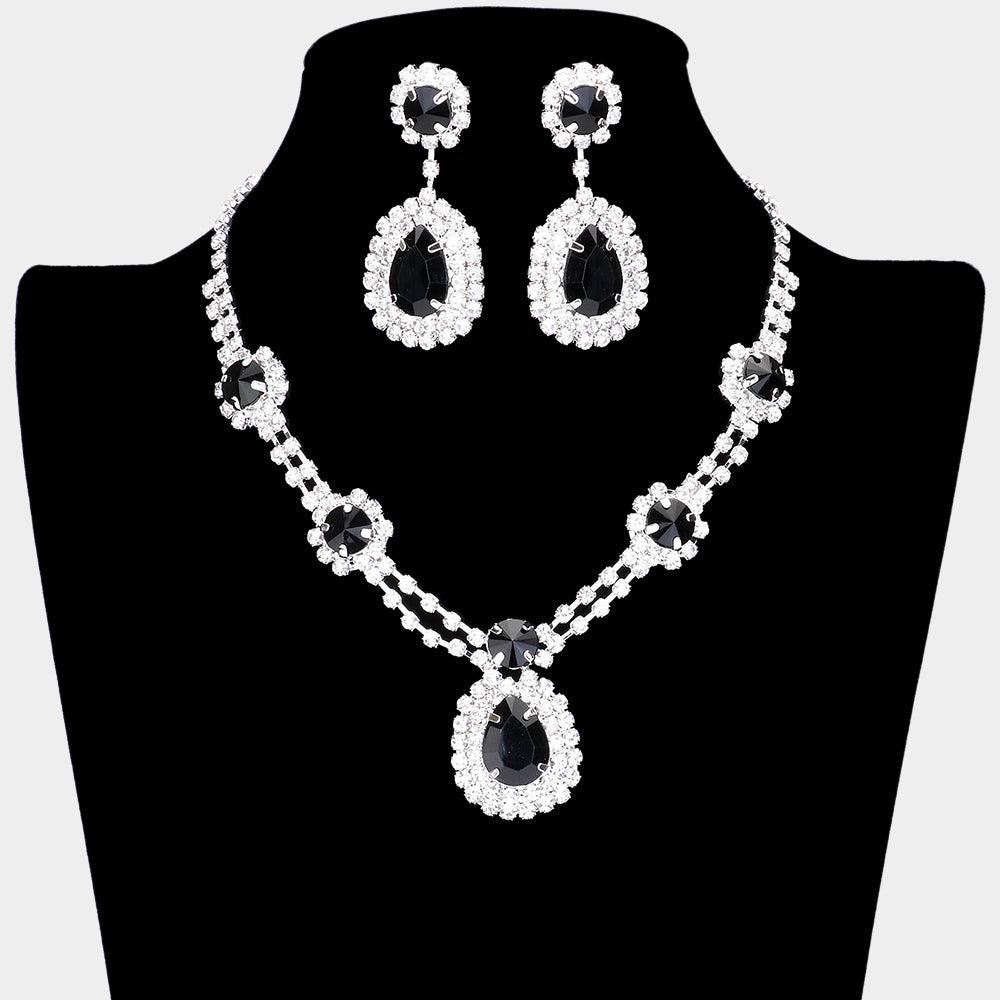 Black Teardrop Accented Rhinestone Necklace